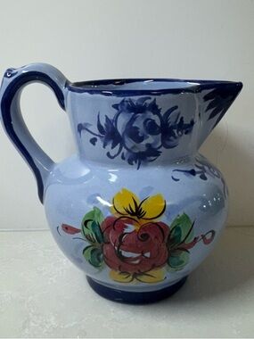Vintage Handpainted Vestal Alcobaça Portugal Pottery blue floral creamer pitcher